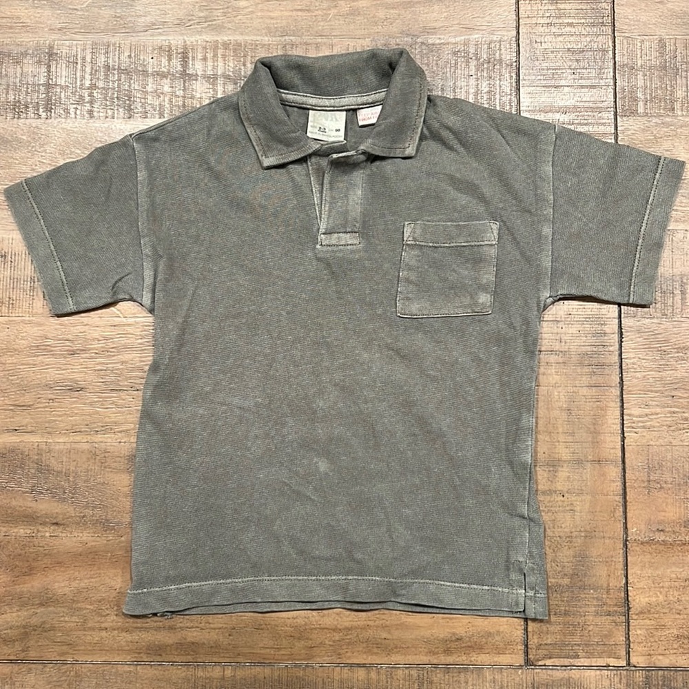 ZARA dark army green Short Sleeve Collared polo button Shirt boy toddler 2-3 2T